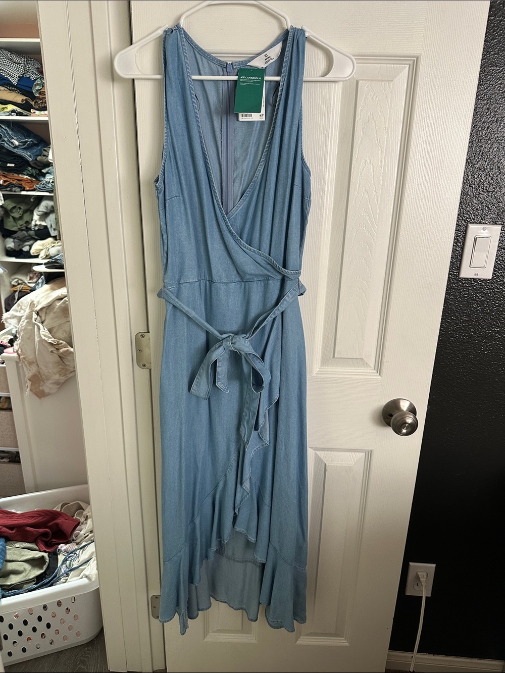Sleeveless Light Blue Denim Wrap High-Low Dress with Self-Tie Waist